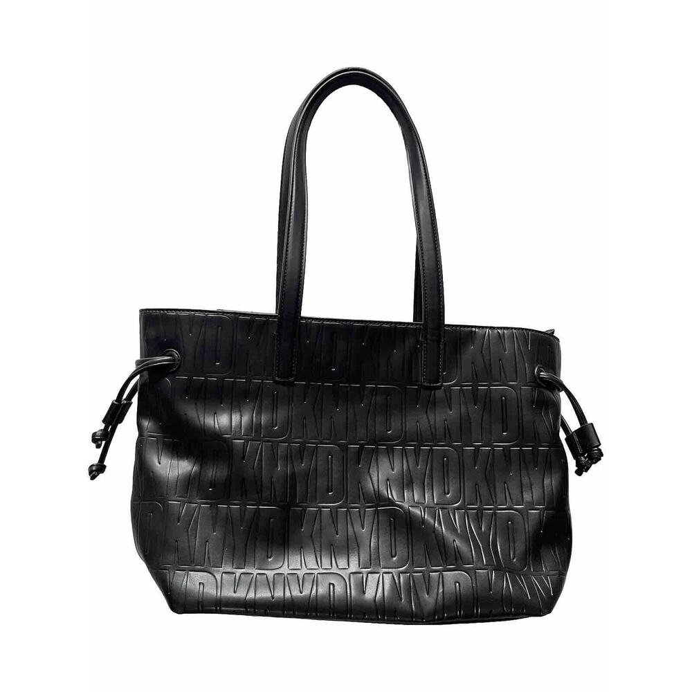 DKNY Jude Tote Black Signature Logo Embossed Zip Top Drawstring Sides Lined EUC
